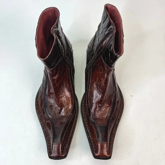 JO GHOST Men's Brown Crocodile Embossed Leather Square Toe Ankle Boots Size‎ 39